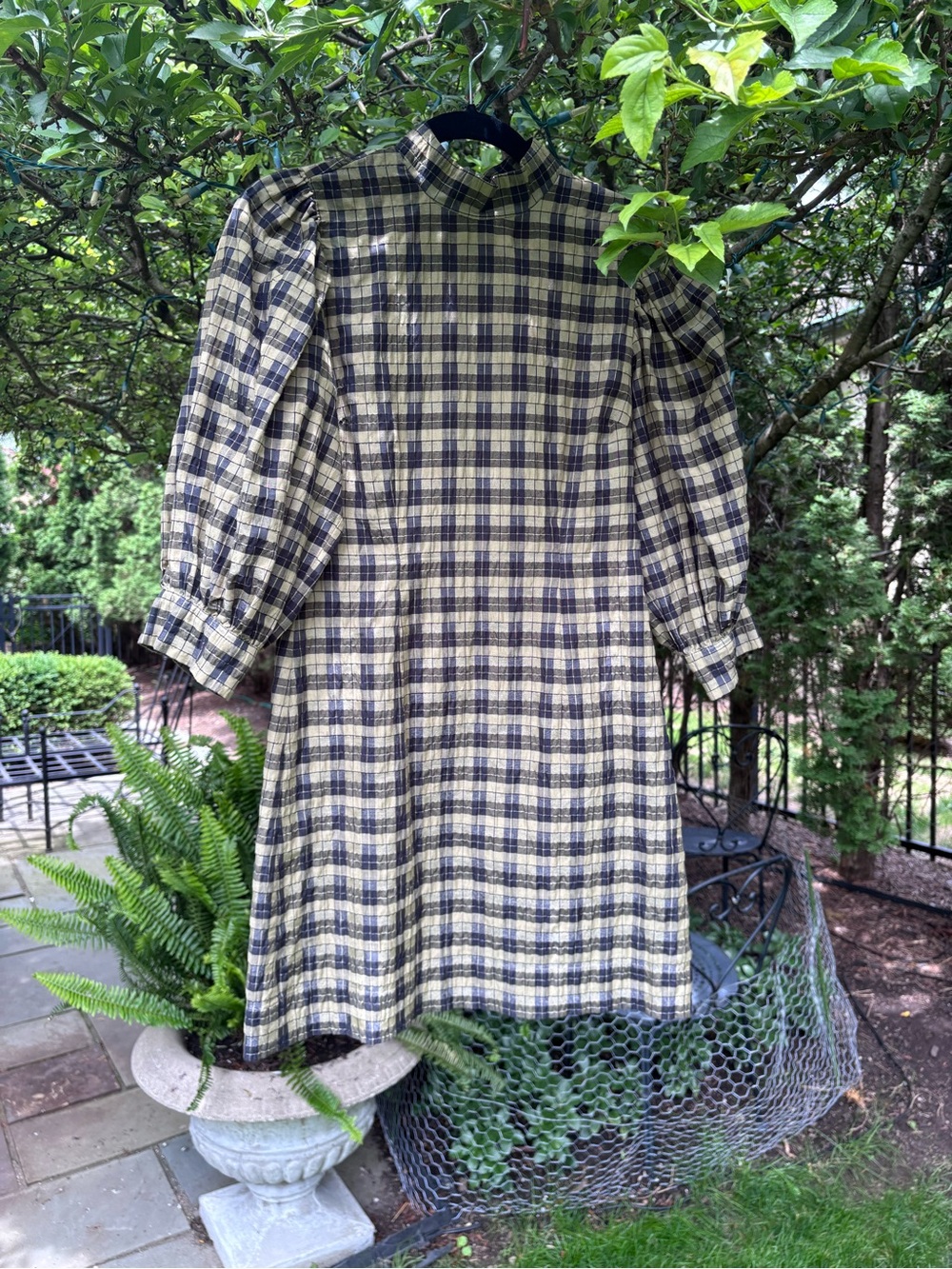Ganni Seersucker Plaid Puff-Sleeve Mini Dress - Picture 7 of 7